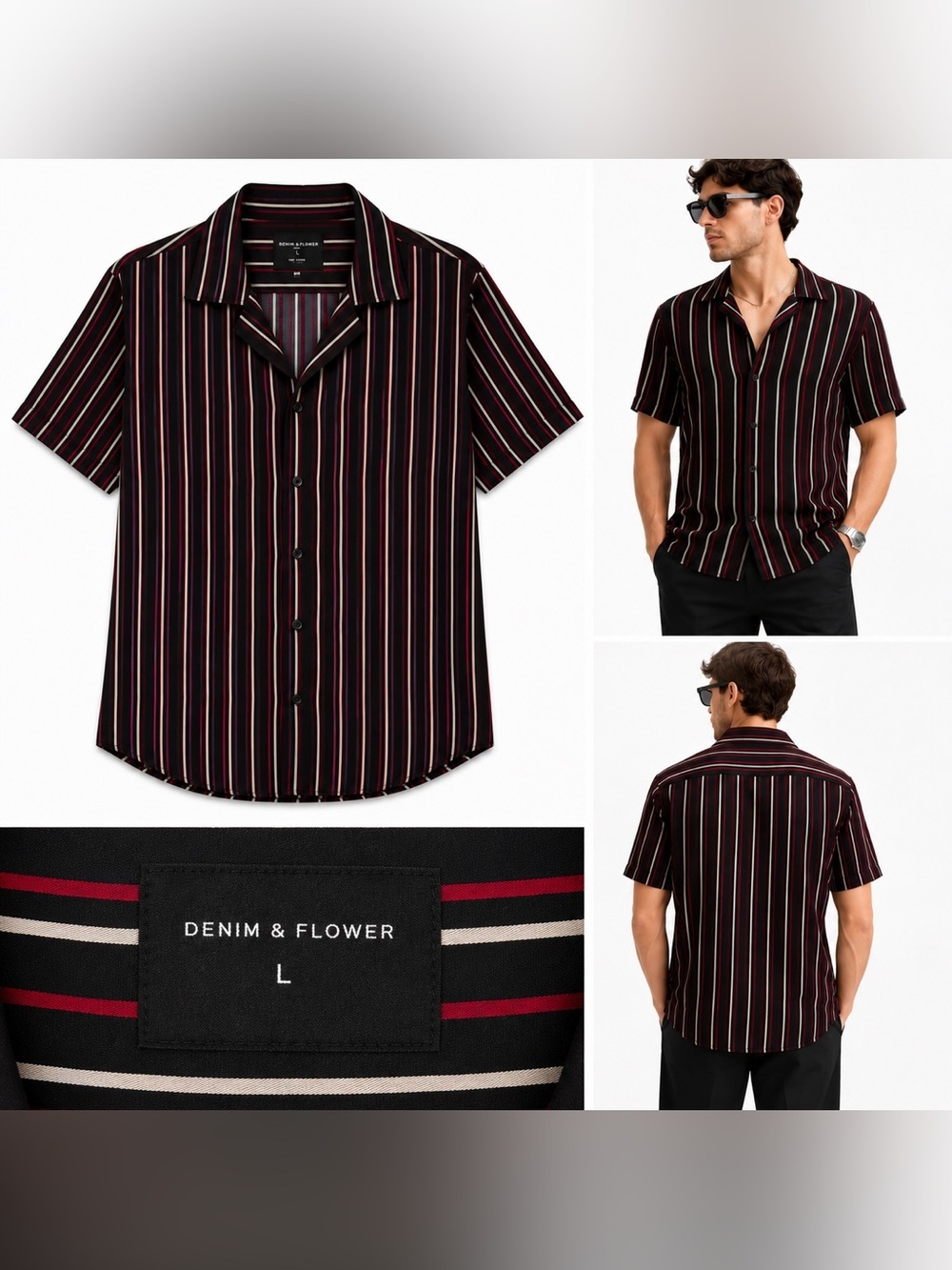 Men’s Denim & Flower Black and Red Vertical Stripe Short-Sleeve Shirt
